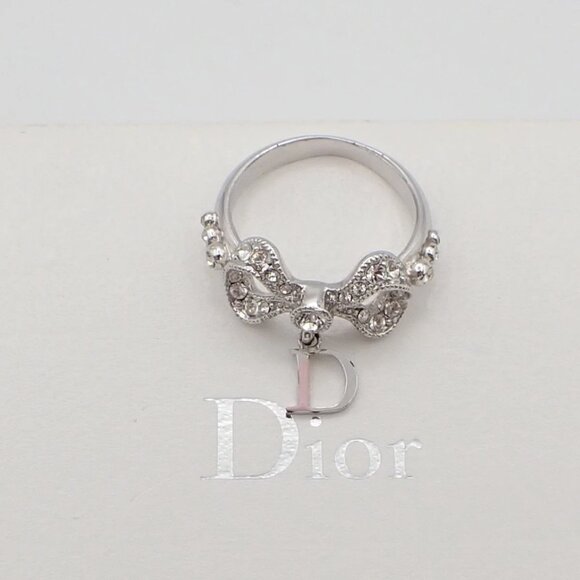 Dior Logo Rhinestone Bow Ring Silver Plated Accessory 09EF811 - Picture 1 of 15